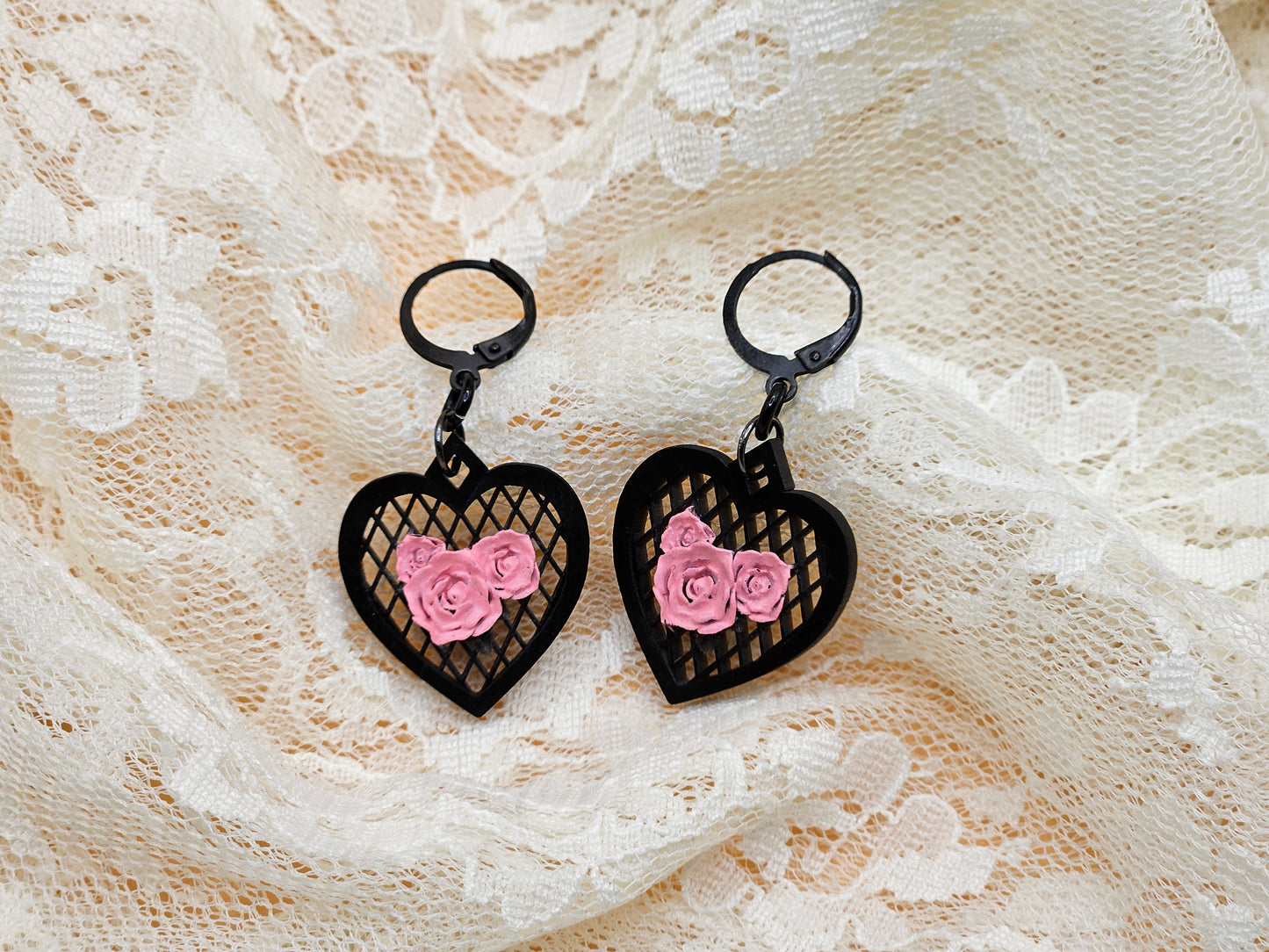 Handmade Gothic Heart Resin Rose Earrings