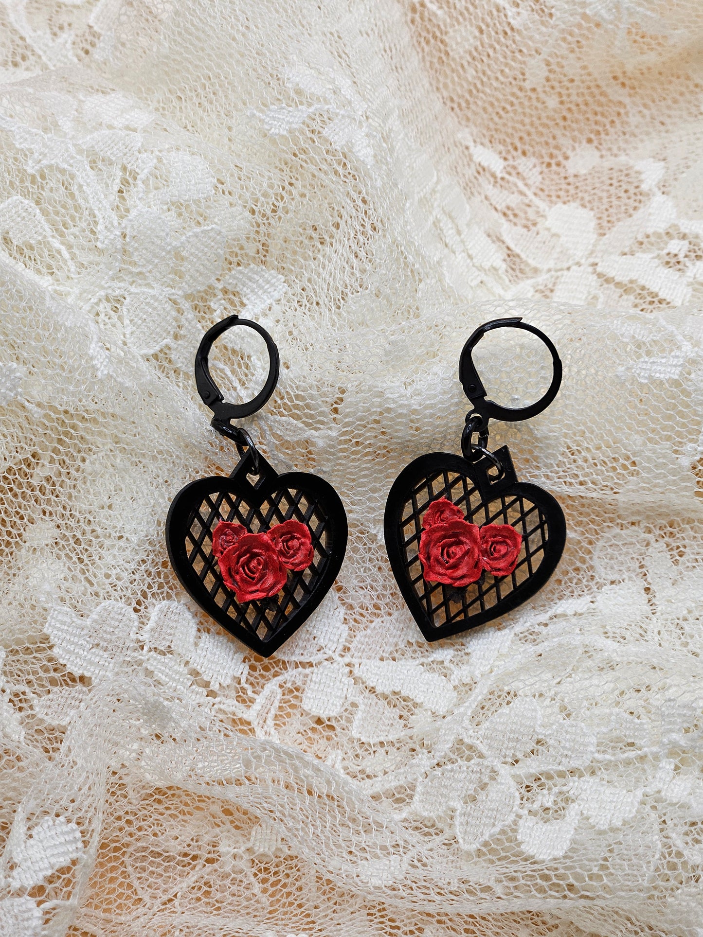 Handmade Gothic Heart Resin Rose Earrings