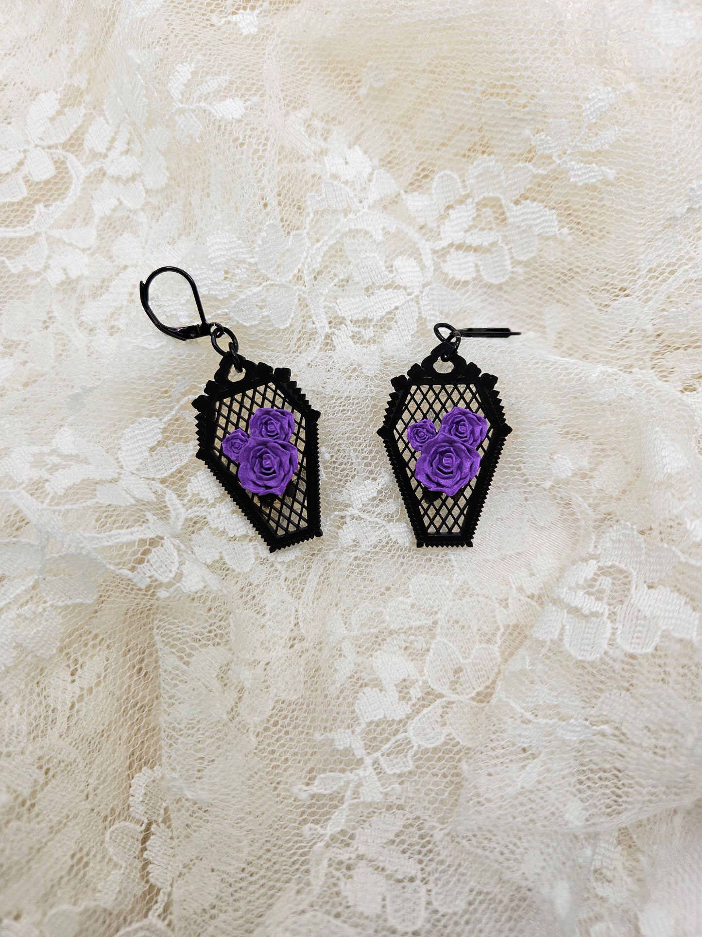 Handmade Gothic Resin Rose Coffin Earrings