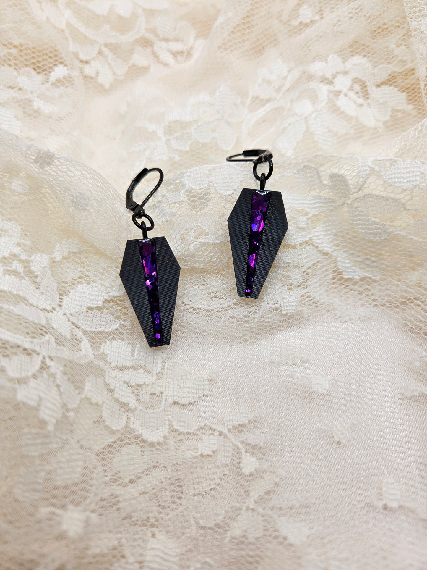 Handmade Gothic Resin Inlay Coffin Earrings |Glitter|