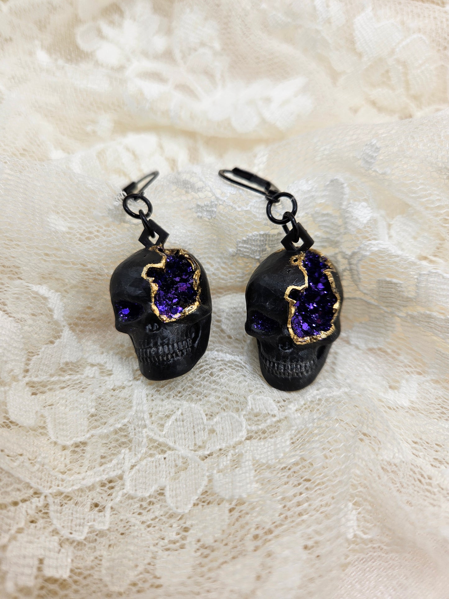 Handmade Gothic Geode Skull Resin Earrings |Glitter|