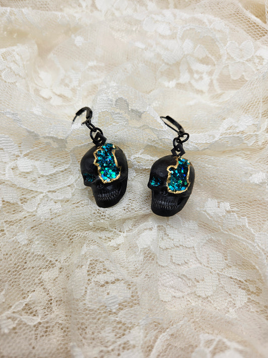 Handmade Gothic Geode Skull Resin Earrings |Glitter|