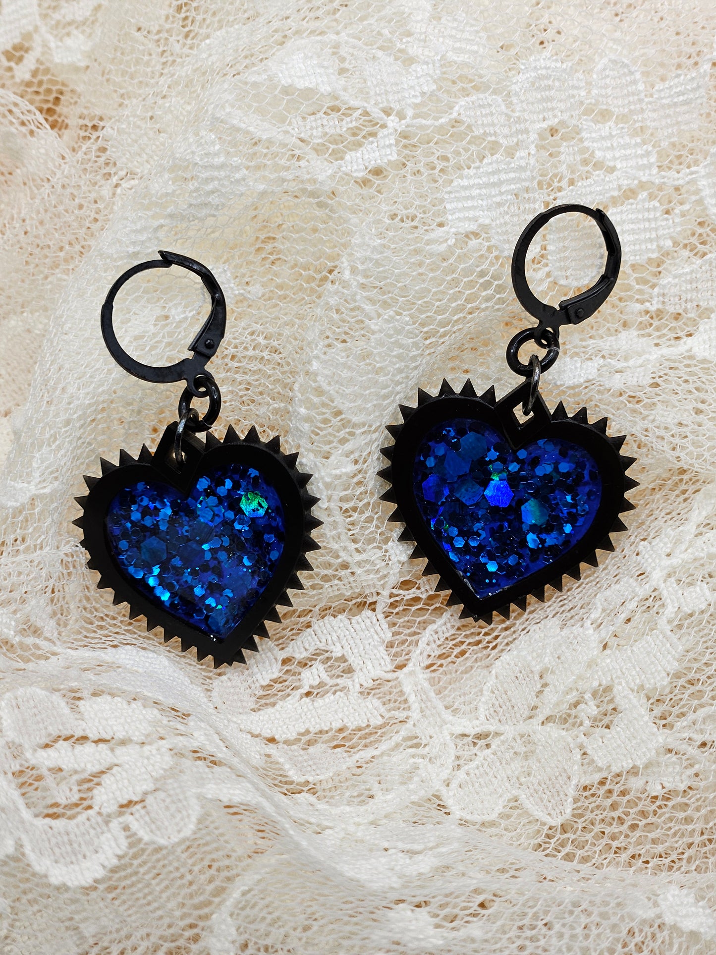 Handmade Gothic Resin Spiky Heart Earrings |Glitter|