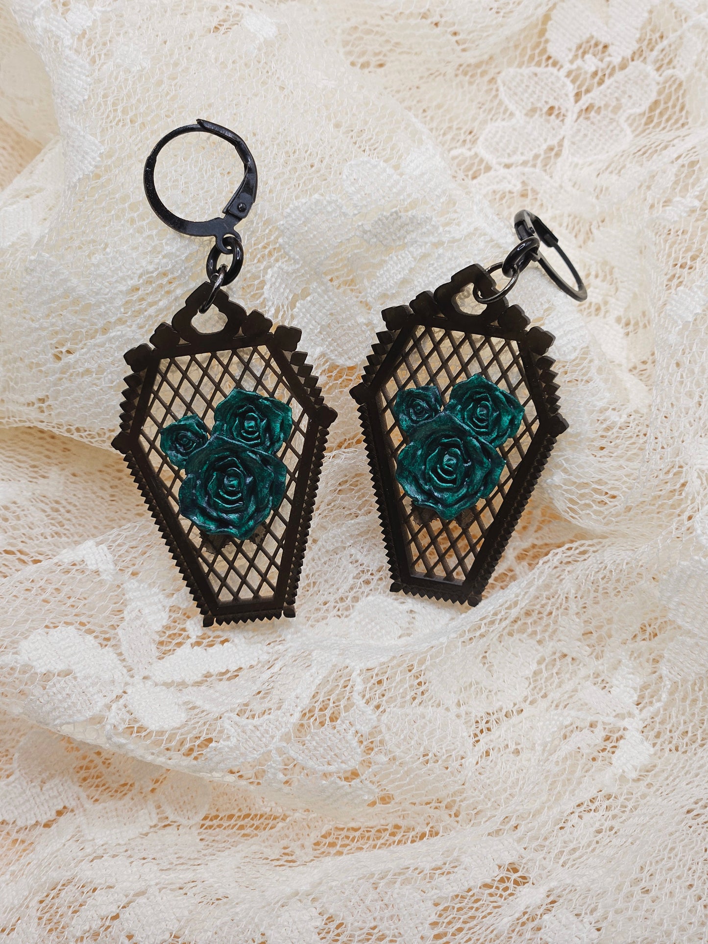 Handmade Gothic Resin Rose Coffin Earrings