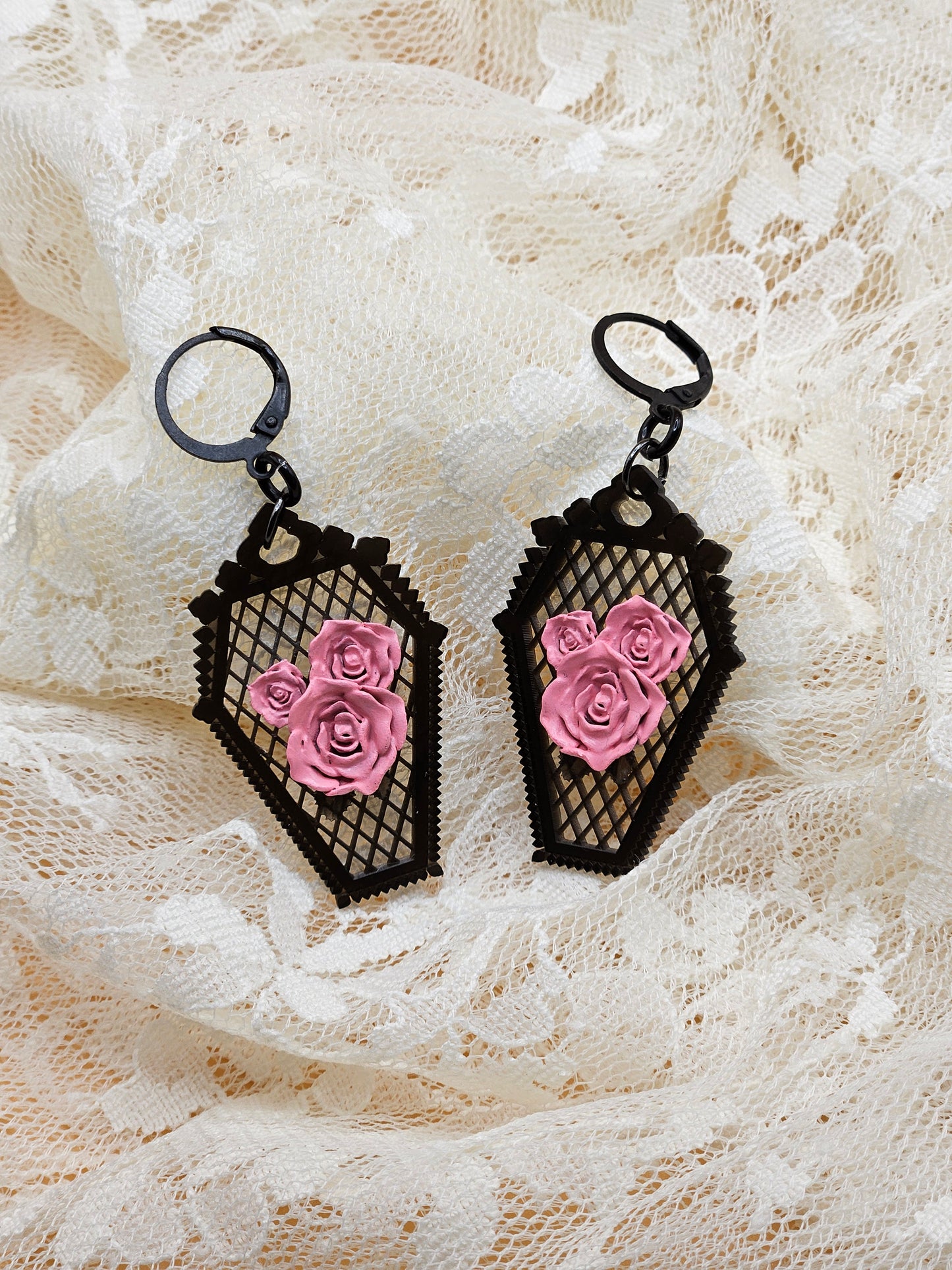 Handmade Gothic Resin Rose Coffin Earrings