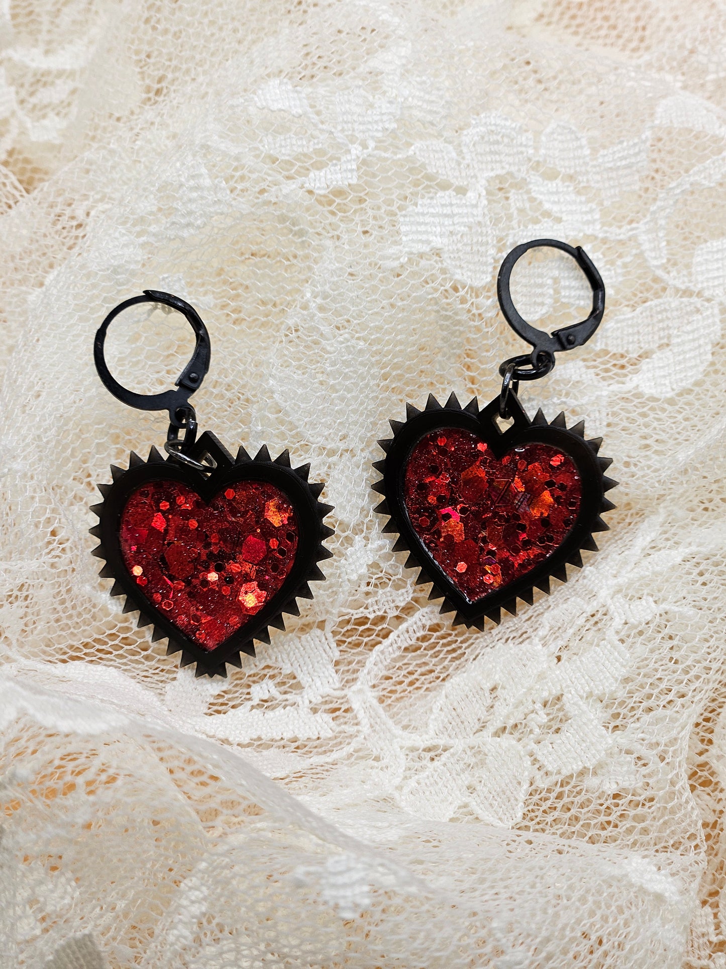 Handmade Gothic Resin Spiky Heart Earrings |Glitter|