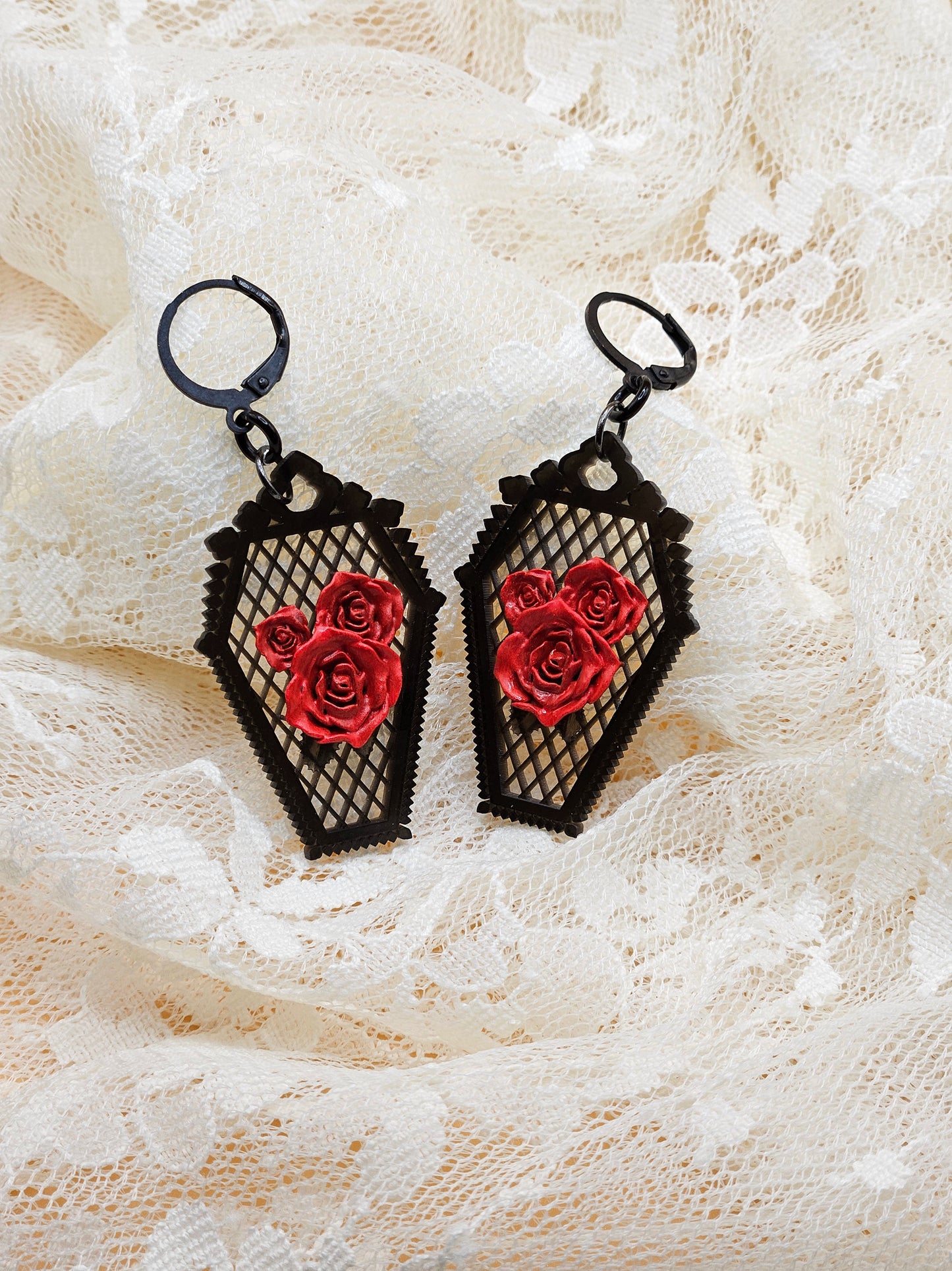 Handmade Gothic Resin Rose Coffin Earrings