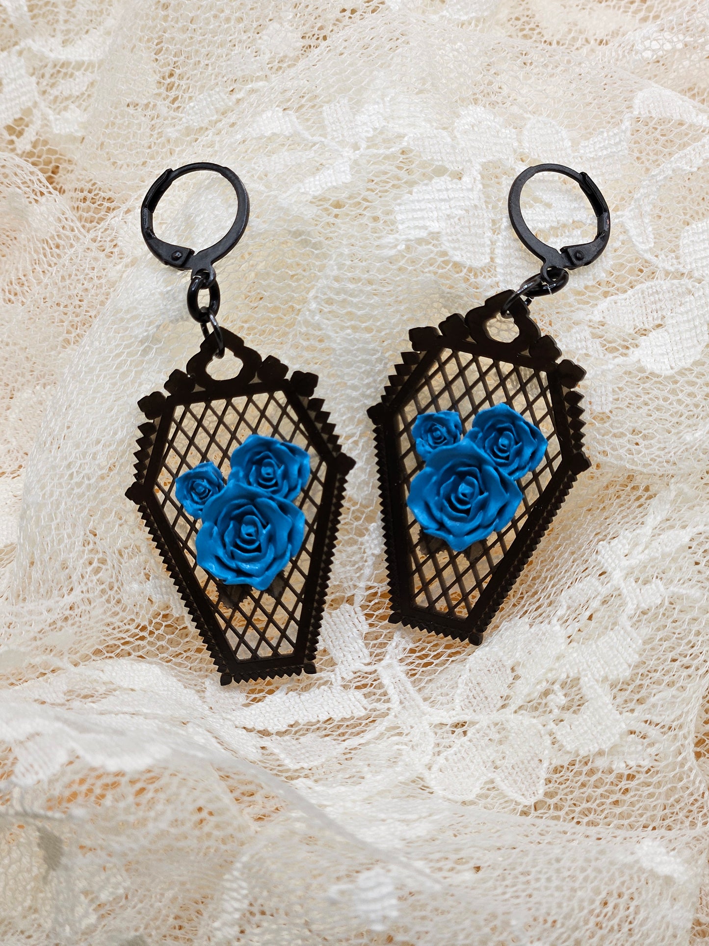 Handmade Gothic Resin Rose Coffin Earrings