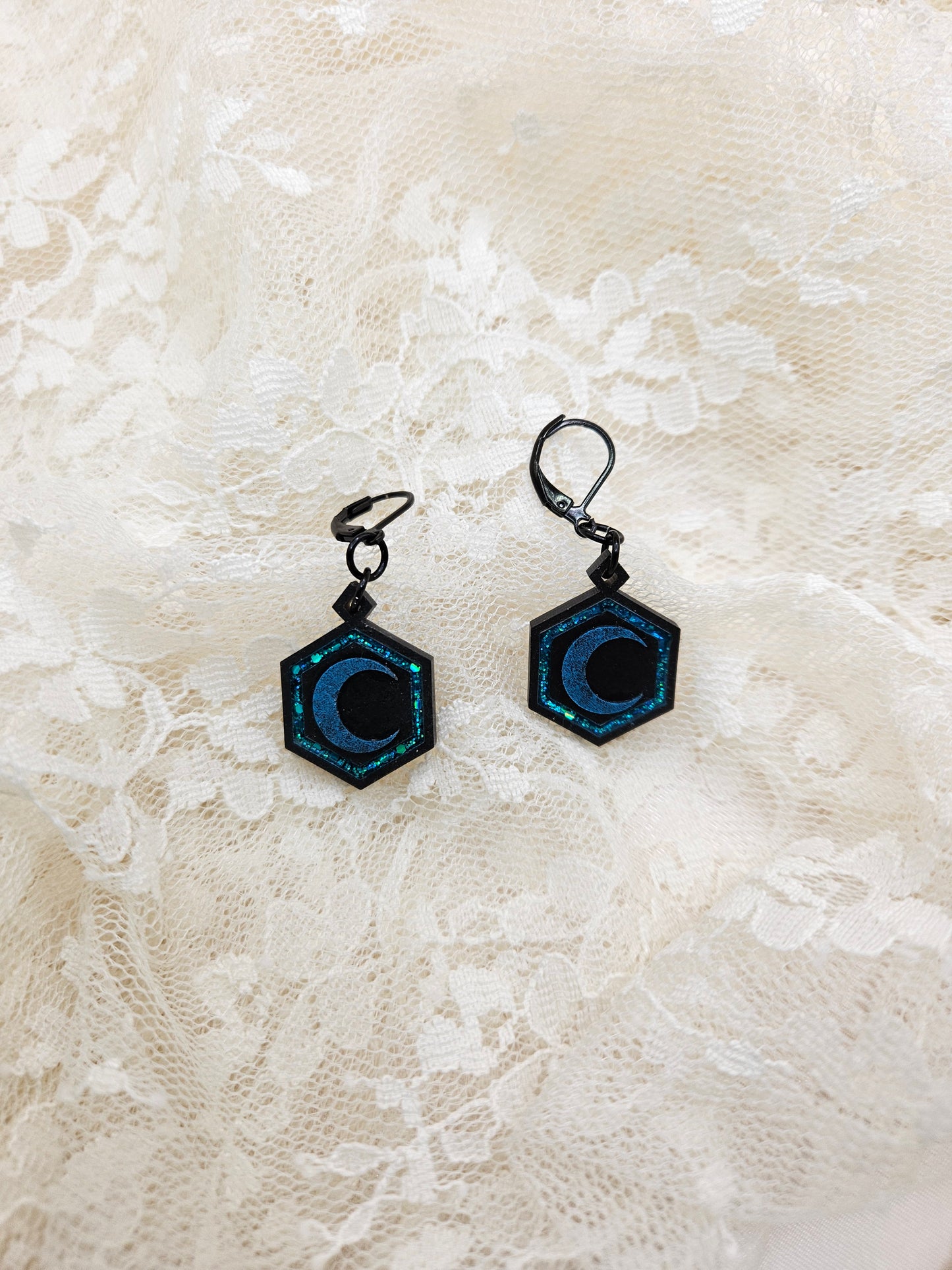 Handmade Gothic Resin Moon Earrings |Glitter|