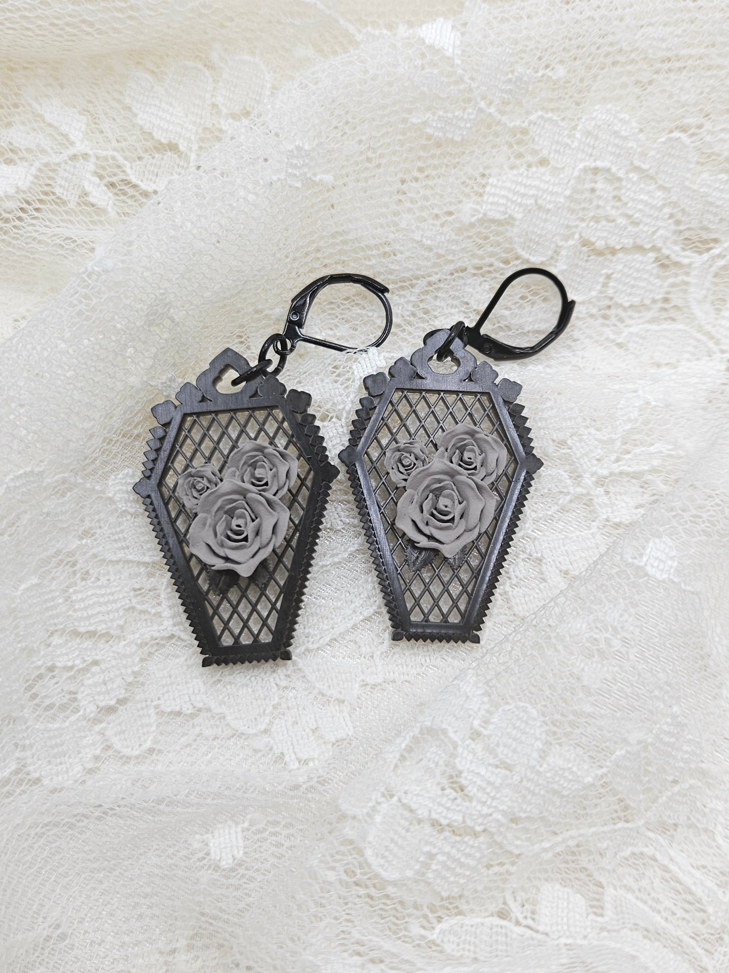 Handmade Gothic Resin Rose Coffin Earrings