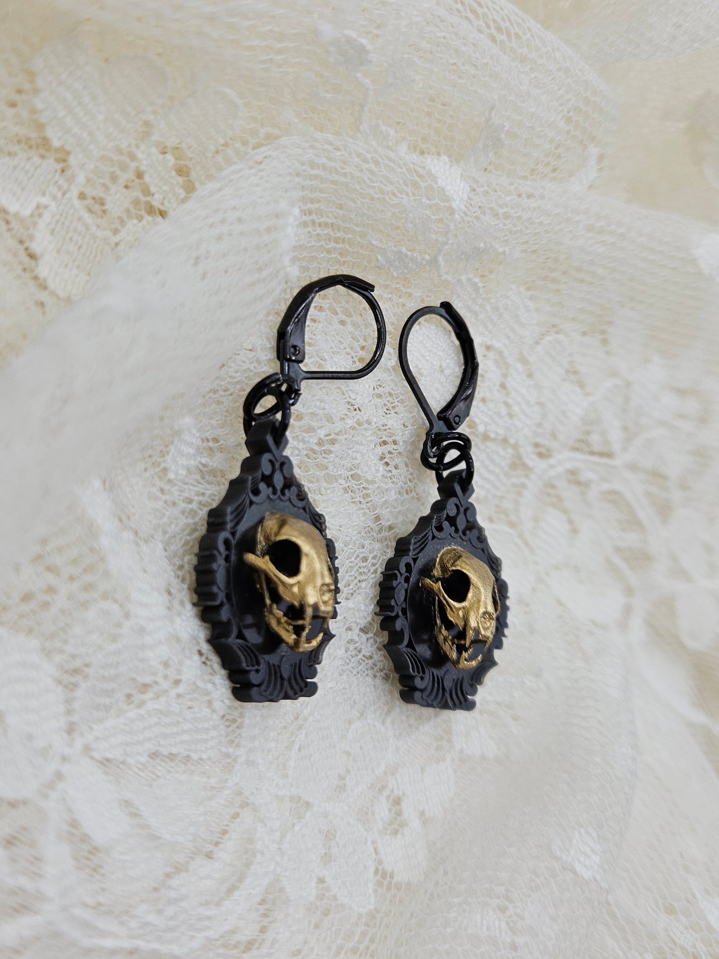 Handmade Gothic Bobcat Skull Earrings